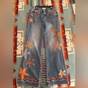 DRIFTWOOD Charlie size 25x32 Blue Wide-Leg Jeans with Orange Starfish Embroidery